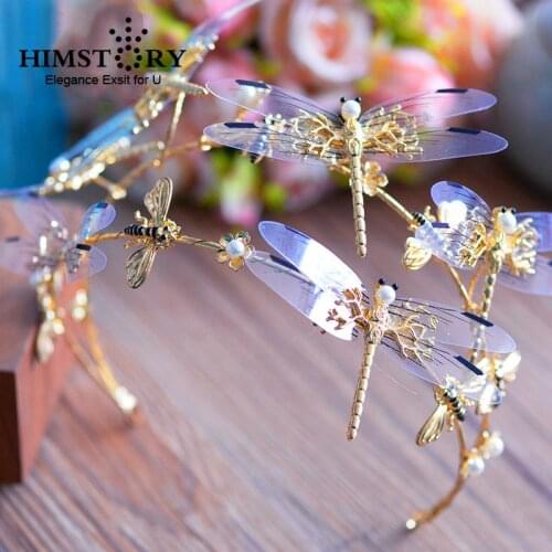 Himstory Handmade Elegant Clear Bridal Headbands Double Layers Animals Designs Gold Dragonfly Headbands Wedding Hair Accessoies