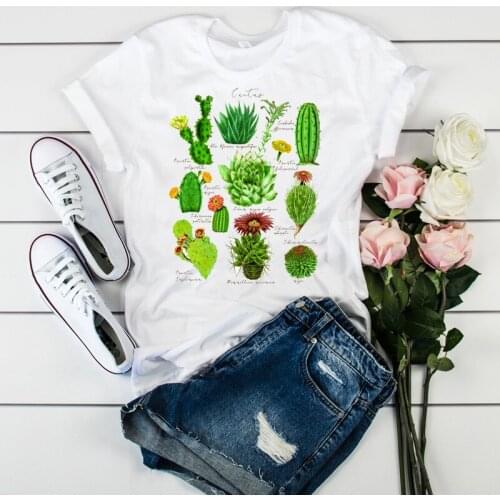 Womens Tumblr Korean T Tee T-shirt Women Graphic T-shirt Female Print Lots of Cactus Letters Ladies Casual Camisas Mujer