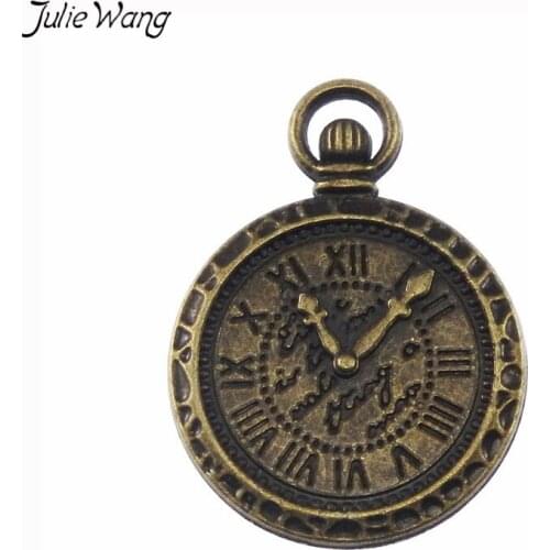 Julie Wang 6PCS Bronze Tone Roman Numerals Round Clock Shape Pendant Charms Vintage Medallion Statement Necklace DIY Accessories