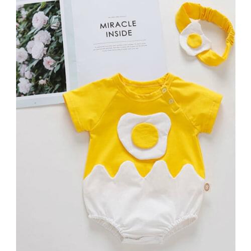 Newborn Baby Clothes Infant Girls Toddler Baby Cotton Cartoon Egg Short-Sleeved Romper + Hair Band Jumpsuits Baby Girl Clothes