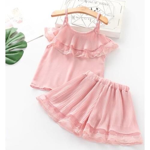 Girls Clothing Sets 2021 Summer Kids Clothes Solid color Chiffon Sling tops+ Lace trim shorts Children Clothing pajamas set