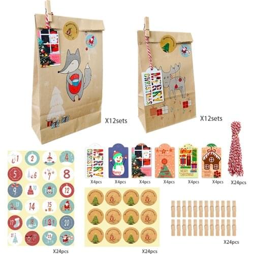 24sets Kraft Paper Bags Cute Deer Fox Snowflake Christmas Gift Bag Xmas Party Favor Bag Gift Packing Bags set with Stickers