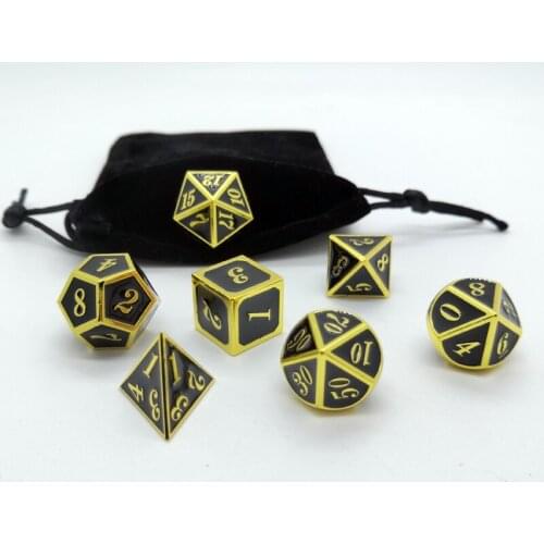 Metal dice with golden edges and black dice. Metal multi-faced dice set, suitable for MTG RPG DnD board games and teaching mathe