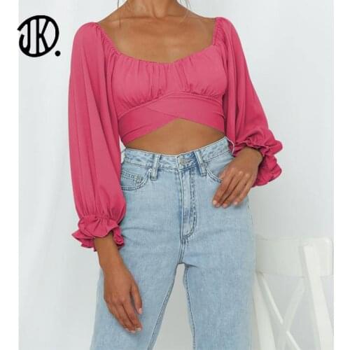 Fashion Lantern Sleeve Ladies T-shirt Sexy Solid Color One Word Neck Pullover Ladies Bandage Crop T Shirt For Beach Pleated Tees