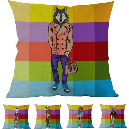 Fashion Dressed Animals Imitating Human Coloured Geometry Lattices Pillow Case Personality Home Sofa Decoration Cushion Cover