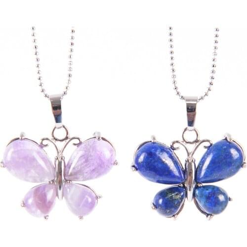 Fashion Butterfly Pendant Hollow Wings Animal Pendants Shape Natural Stone Horse Eye Quartz for Women Necklace Jewelry D831-D836