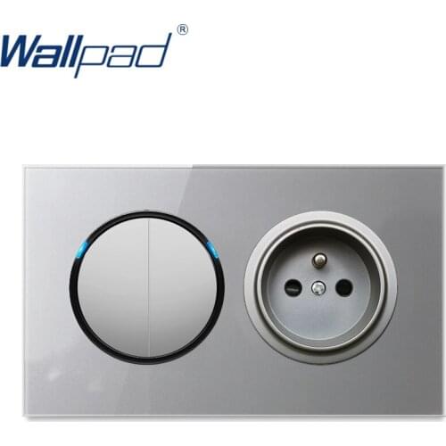 Wallpad French Wall Socket Power Electric Outlet 2 Gang 2 Way Light Switch Grey Crystal Tempered Glass Panel Frame 146*86mm