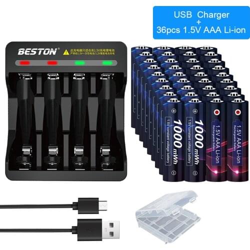 36pcs 1.5v AAA Rechargeable Battery AAA Rechargeable Batteries with Led Smart Charger for 1.5v Lithium Li-ion AAA AA Batteries