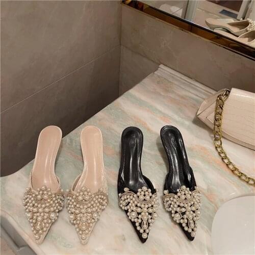 2021 New Luxury Slippers Women Designer Slides Ladies Brand Mules Shoes Women Dress Shoes Crystals Slippers Pointed Toe Heels