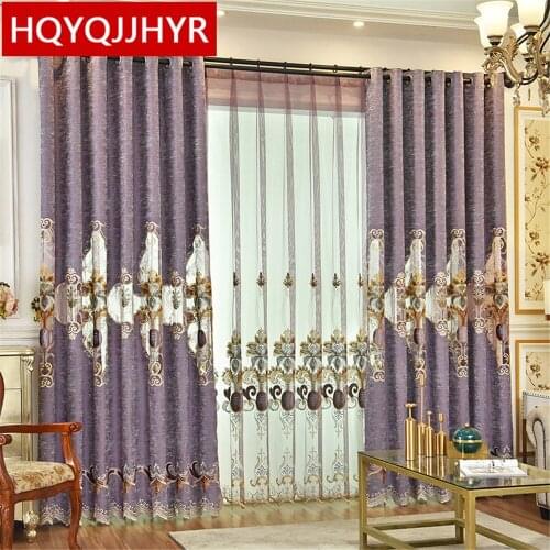 European Top Luxury Villa Purple Embroidered Curtains For Living Room Windows, High Quality Exquisite Curtains For Bedroom