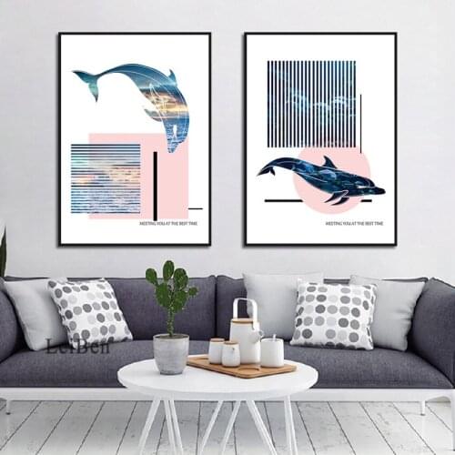 Nordic Minimalist Fashion Dolphin Silhouette Landscape Picture Wall Art Canvas Painting Print Picture Living Room Home Decor