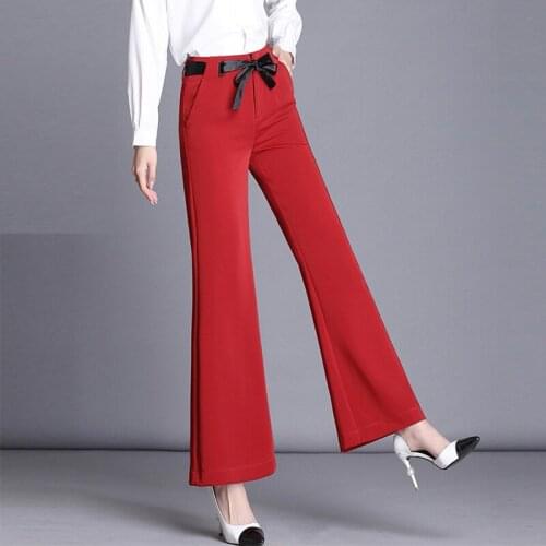 Spring Fall Fashion Office Lady Woman Red Black Bow Wide Leg Ankle Length Pants , Autumn Female Womens Formal Elegant Trousers