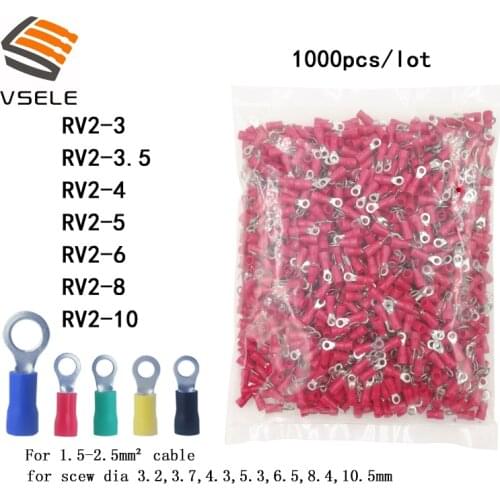 VSELE 1000PCS/lot ring crimp insulation terminal RV2-3 RV2-4 RV2-5 RV2-6 RV2-8 RV2-10 for 1.5-2.5mm2 wire cable connector