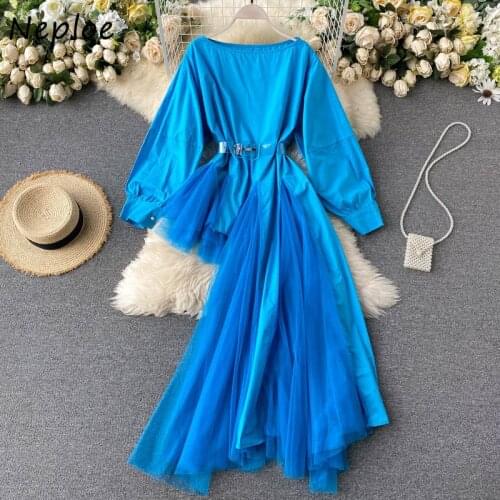 Neploe Sexy Slash Neck Irregular Mesh Patchwork Shirt O-neck Lantern Sleeve Women Blouse Solid Color Chic Sashes Femme Blusas