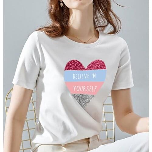Women T-shirts Stylish Love Heart Print Series Casual Basis O-collar White Shirt Summer Ladies Tops Tee for Female Clothing