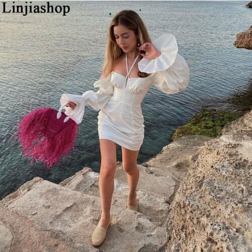 Spring summer women mini dress cotton long flare sleeves slim zipper short party white draped dress