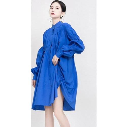 Women Pleated Shirt Dress 2020 Spring Autumn Casual Loose Irregular Dresses Long Sleeve Plus Chest Size Vestidos Single Breasted