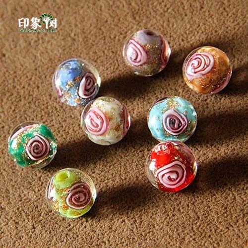 10Pcs 10mm Handmade Lampwork Flower Round Beads Gold Sand Loose Spacer Glass Beads Multi Color For DIY Jewelry Components Making
