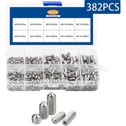 382PCS/Box Hex Hexagon Socket Cone Point Set Screws Assortment Kit M4 M5 Stainless Steel Grub Screw With Hex Key M4x5 M5x5