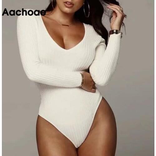 Aachoae Solid Knitted Bodysuit Women Sexy Deep V Neck Lady Bodycon Jumpsuit Long Sleeve Pure Female Body Suit Combinaison Femme