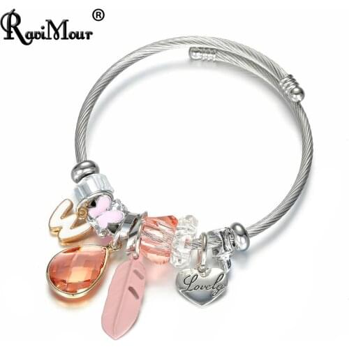RAVIMOUR Bangles for Women Letter Love Feather Bracelet Femme Fashion Stainless Steel Cuff Bangle Jewelry Gift for Girls