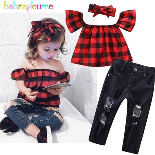 2Piece 2-6Years Summer Little Girls Clothing Set Plaid T-shirt+Baby Hole Jeans+Headband Kids Clothes 2019 Children Wear BC1461-1