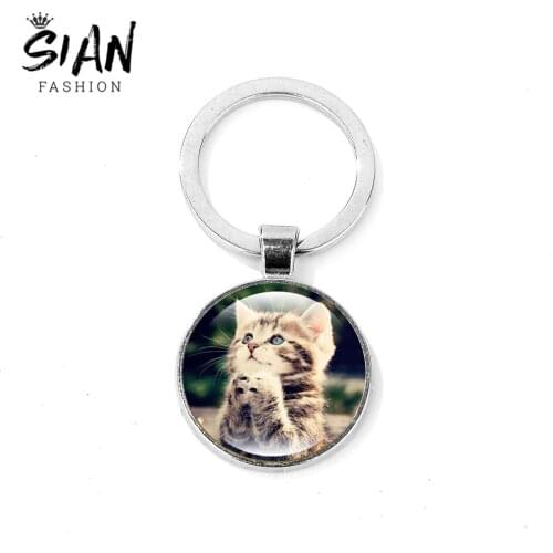 SIAN Creative Cat Kitten Keychain for Women Men Art Photo Crystal Glass Dome Key Ring Bag Charm Key Chain Llaveros Birthday Gift
