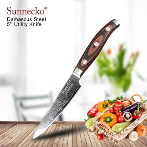 SUNNECKO 5" inch Utility Kitchen Chef Knife Japanese Damascus VG10 Steel Sharp Pakka Wood Sanding Handle X-mas Gift Cutting Tool