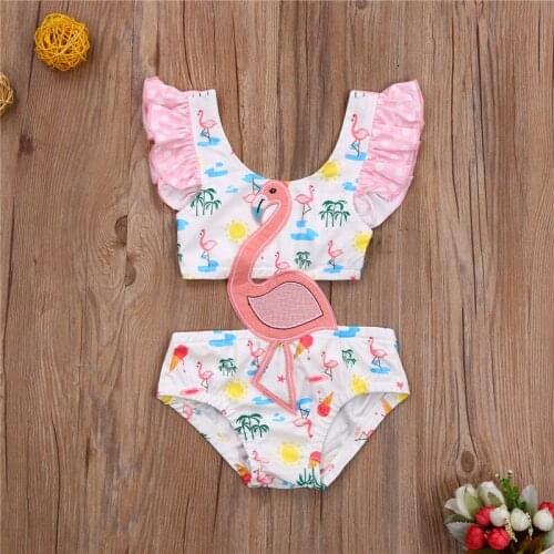 Cute Bay Girls Swimwear Summer Sweet Flamingo Print One Piece Swimsuit Baby Bikini Hollow Ruffles Suspender Swimsuit Beachwear