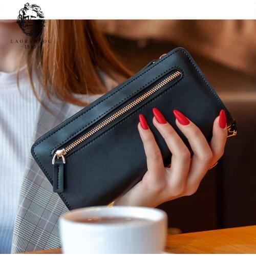 LAORENTOU Cowhide Business Women Large Capacity Card Slot Cash Money Bag Passport Clutch Bag Leather Ladies Wallet Coin Holder
