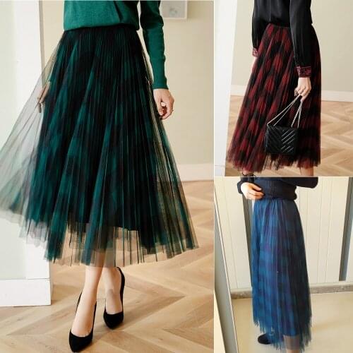 Summer Mesh Tutu Tulle Skirts Women Elegant A Line High Waist Pleated Long Skirt