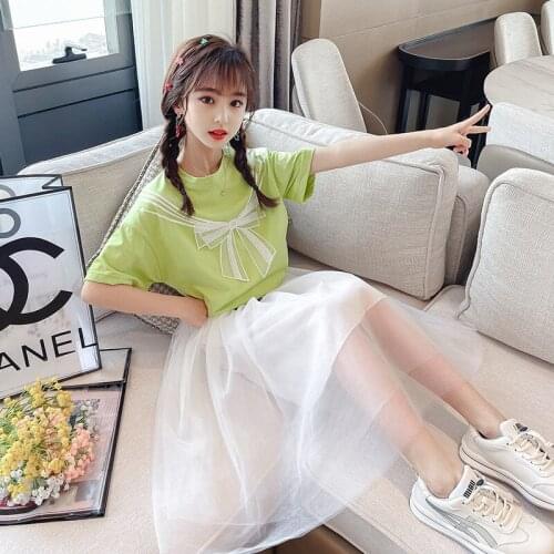 Girls' Summer Short-sleeved Suit 2021 New Bow T-shirt Childrens Casual Fluffy Net Gauze Two-piece Suit Kids Clothing