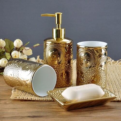 Bathroom Set Golden Relief Ceramic Shower Gel Bottle Tooth Brush Holder Soap Dispenser Soap Box Bathroom Decoration Accessories