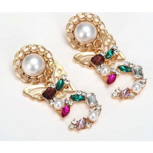 SHIFEEL New Arrival Occident Fashion Brand Style for Womens Butterfly Color Rhinestones Number 5 Simulated Pearls Drop Earrings