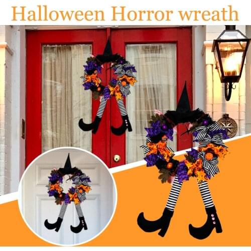 New Halloween Witch Hat Bowkont Wreath House Door Wall Hanging Pendant Decoration Halloween Decor for Home Party Supplies A40