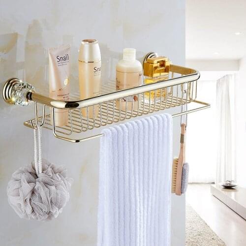 Bathroom Shelf Brass & Crystal Bath Shower Rack Bath Shower Shelf With Towel Bars Robe Hooks Holder Wall Mounted Corner Shelf