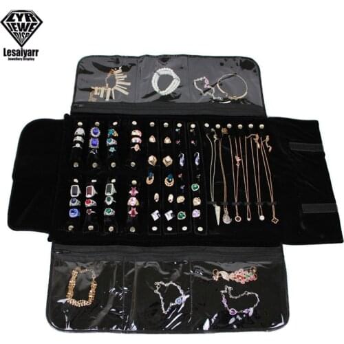 Portable Black Velvet Jewelry Roll Storage Bag Ring Pendant Folding Travel Organizer Earrings Case Box Zipper Bag