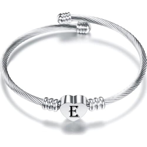 Simple Stainless Steel Cable Wire Bangles Color 26 Letters A-Z Titanium Steel Heart Women Bracelet Accessories