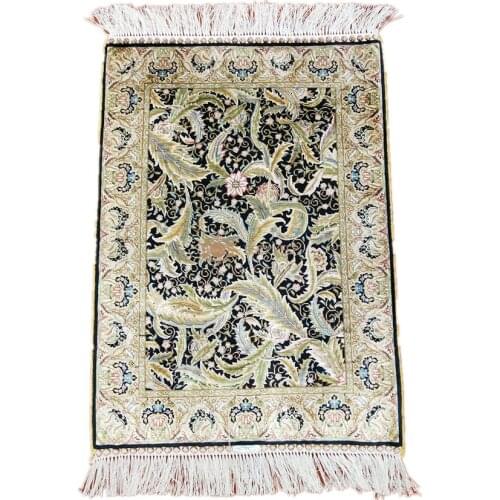 Seeykeep™ 2x3ft Silk Handknotted Elegant Aqua Aqua And Azure Peacock Plume Floral Pattern Rug with Dark Blue Backcolor-NY3016284