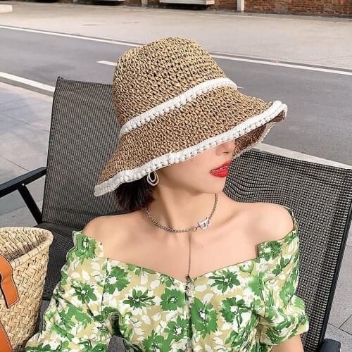 Straw Hat for Women Summer Bucket Hat Outside Travel Sun Cap Beach Vacation Panama Pearl Foldable Vintage Hepburn Style Lady Hat