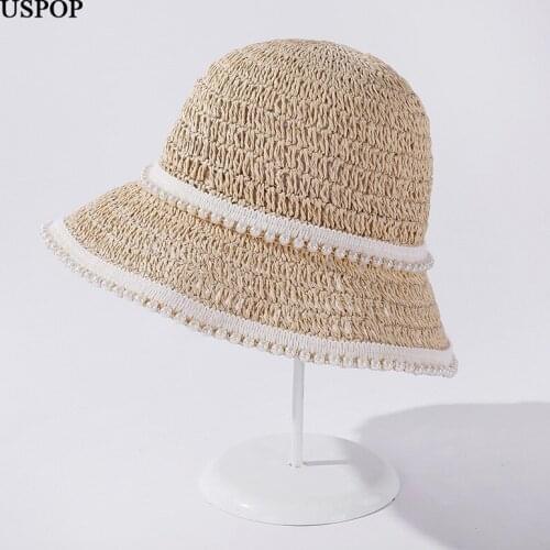 USPOP New women hats summer straw sun hats pearl wide brim beach hats