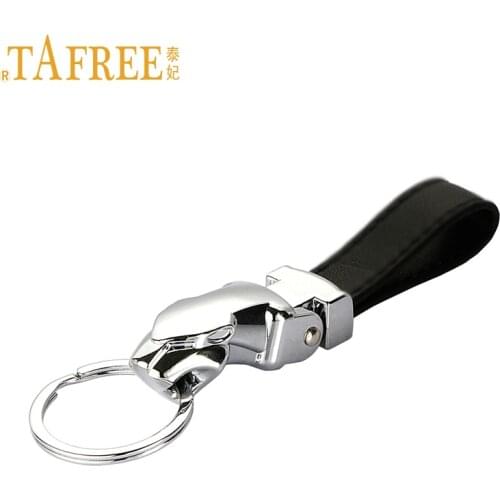 TAFREE Metal Leopard Black Leather Keychain Car Key chain High Quality Brand Key Holder Ring Accessories Jewelry Gift lp88