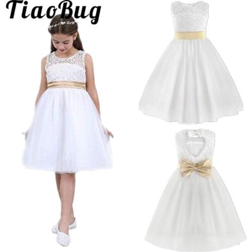TiaoBug Fashion White Color Flower Girl Dress Kids Pageant Wedding Bridesmaid Birthday Party Lace Bowknot Dress