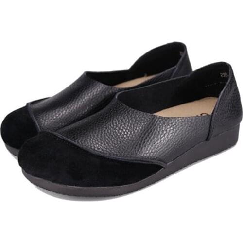Spring Casual Flats Shoes Genuine Leather Women Slip On Round Toe soft Retro Comfortable fashion Casual shoes for women 2020