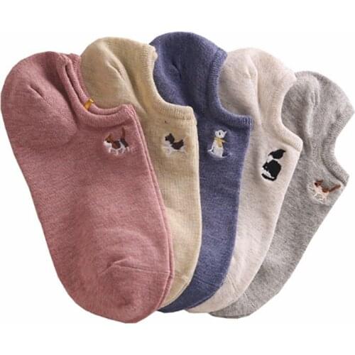 Ladies Fun Solid Color Cute Non-Slip Boat Socks Embroidery Shallow Mouth Socks Cartoon Cat Animal Socks Wholesale Factory Direct