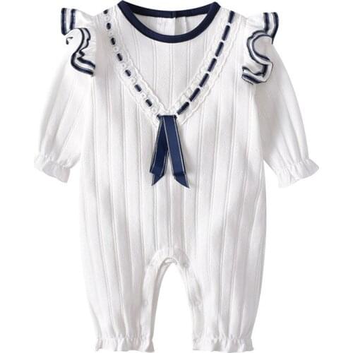 2020 Autumn Baby New Born Girl White Ribbed Long Sleeve Princess Outfit Romper Girls Cotton Jumpsuit One Piece Clothes For 0-24M