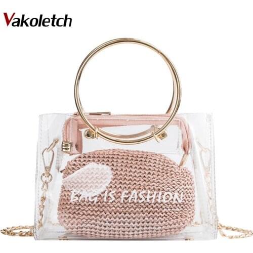 2020 Straw Beach Bags Crossbody Ladies Chain Shoulder Bags Mini Transparent Bag For Women Handbag Round Ring KL647