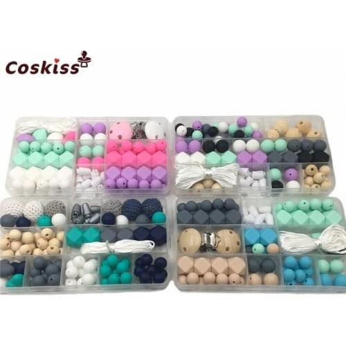 4pc DIY Baby Teether Accessories Geometry Hexagonal Round Silicone Bead Wooden Bead And Crochet bead Pacifier Clips For Bracelet