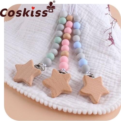 Coskiss BPA Free Pacifier Chain Beech Wood Star Shape Pacifier Clip Dummy Holder Nipple Holder Baby Newborn Teething Toys