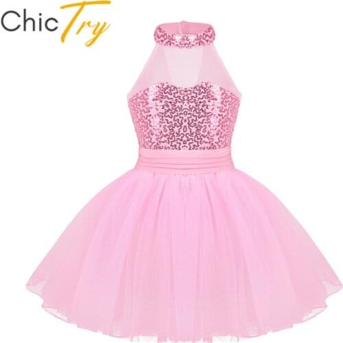ChicTry Kids Girls Stage Lyrical Dance Costumes Sleeveless Sequins Ballet Tutu Dance Dress Children Mesh Splice Ballet Leotards